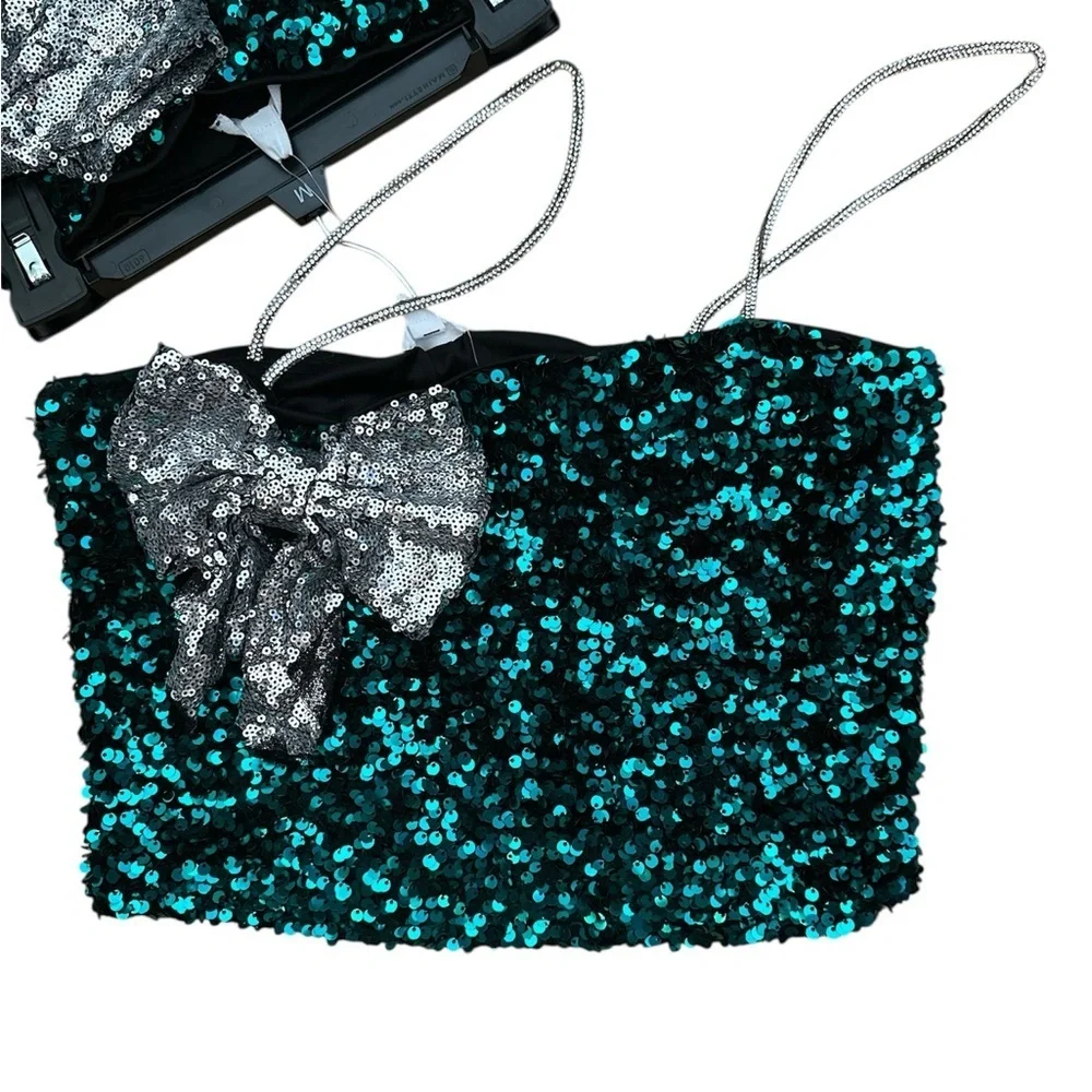 LOVE ON A HANGER Green & Silver Sequins Holiday 2 Pc Mini Cocktail Dress Medium - Picture 2 of 7